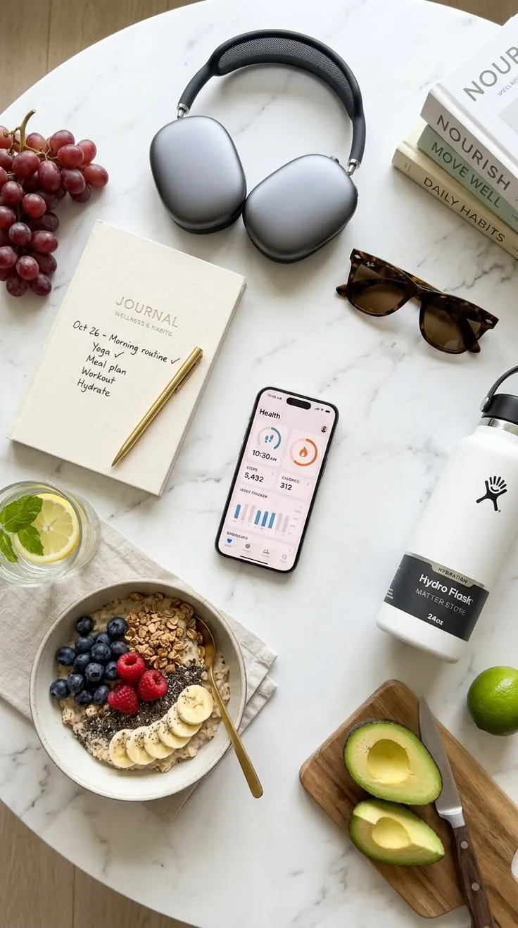Tavolo di marmo visto dall’alto con porridge ai frutti di bosco, cuffie, taccuino, borraccia, avocado e uno smartphone che mostra un’app per la salute