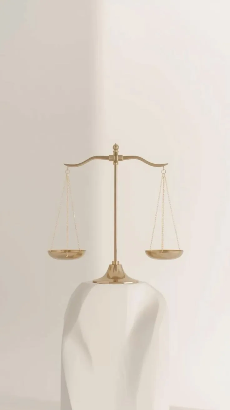 Bilancia dorata a due piatti, in equilibrio sopra una scultura bianca a forma di testa