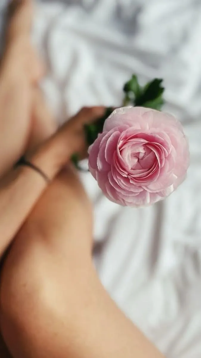 Mano di donna che regge un ranuncolo rosa chiaro su un lenzuolo bianco